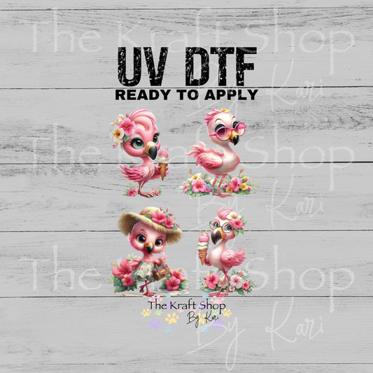 UV DTF Cute flamingos with pink flowers and ice cream decals 4pk, permanent sticker.#1157
