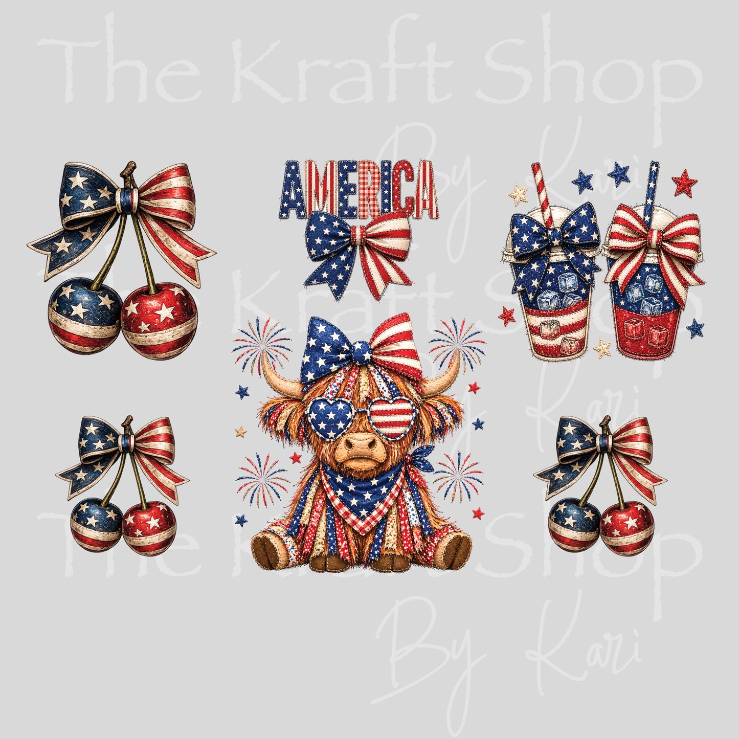 UV DTF Sticker print 4th of July Cherry cow Element sheet decal, tumbler decal, permanent sticker. #7682