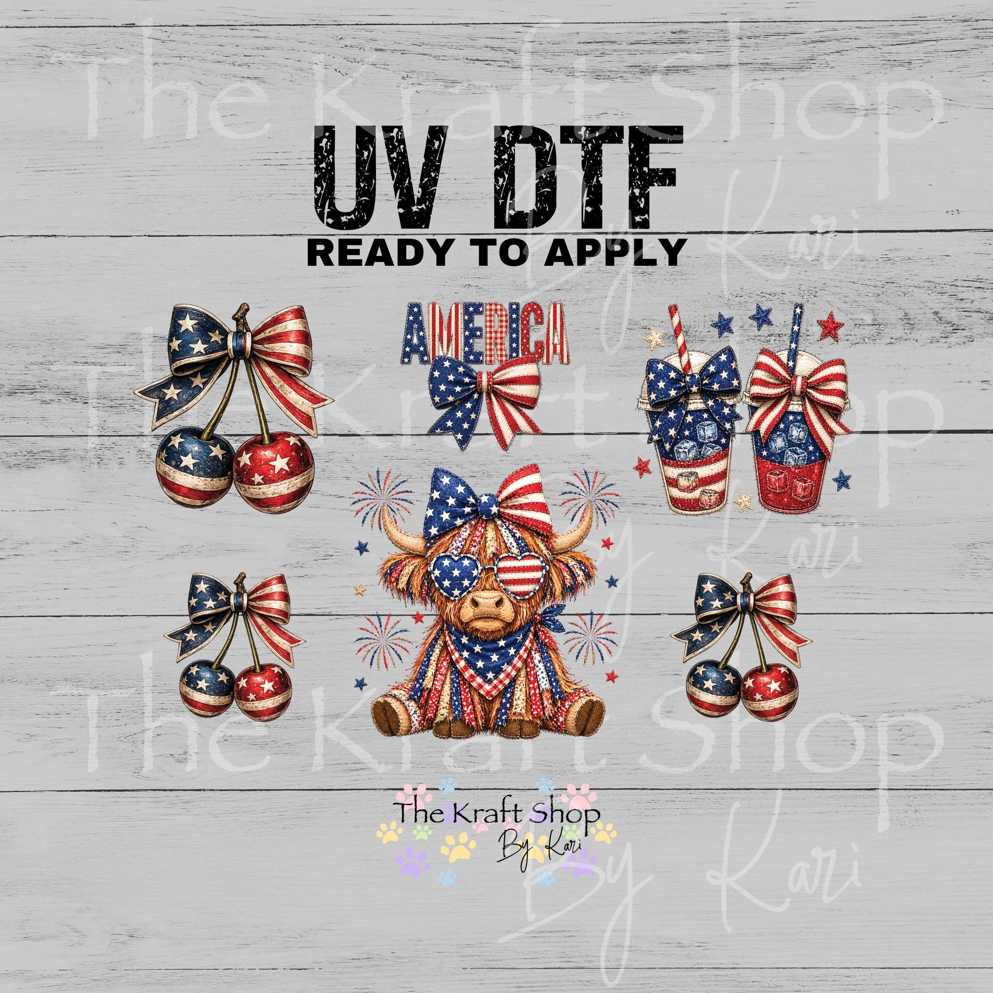 UV DTF Sticker print 4th of July Cherry cow Element sheet decal, tumbler decal, permanent sticker. #7682
