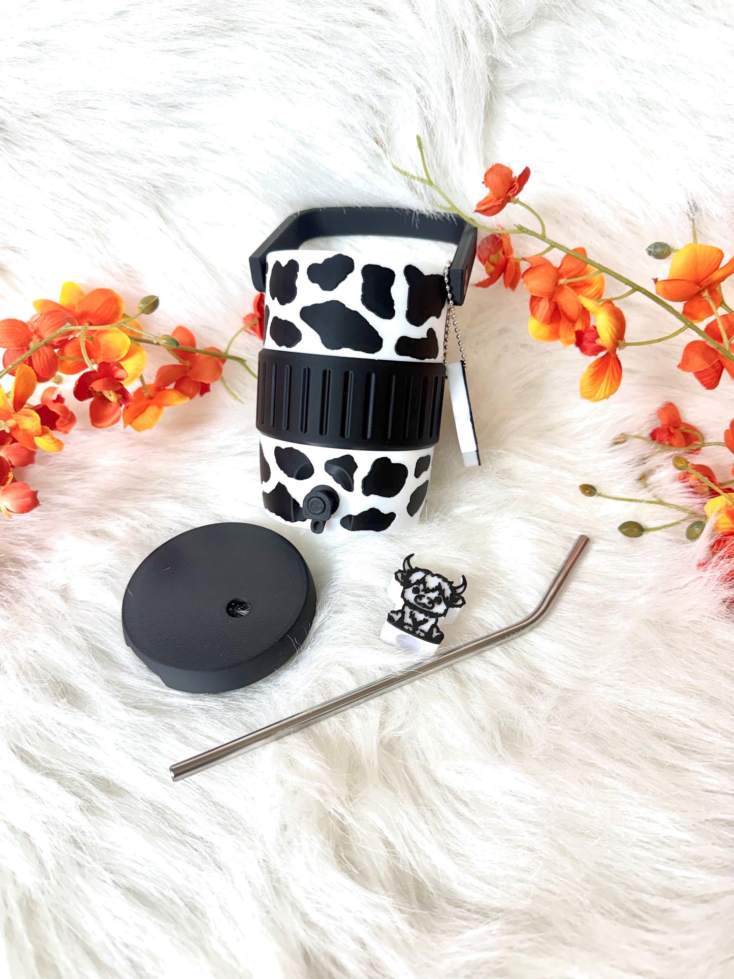 3D printed 12oz cow spot can holder with straw topper and can opener. Ready to ship.