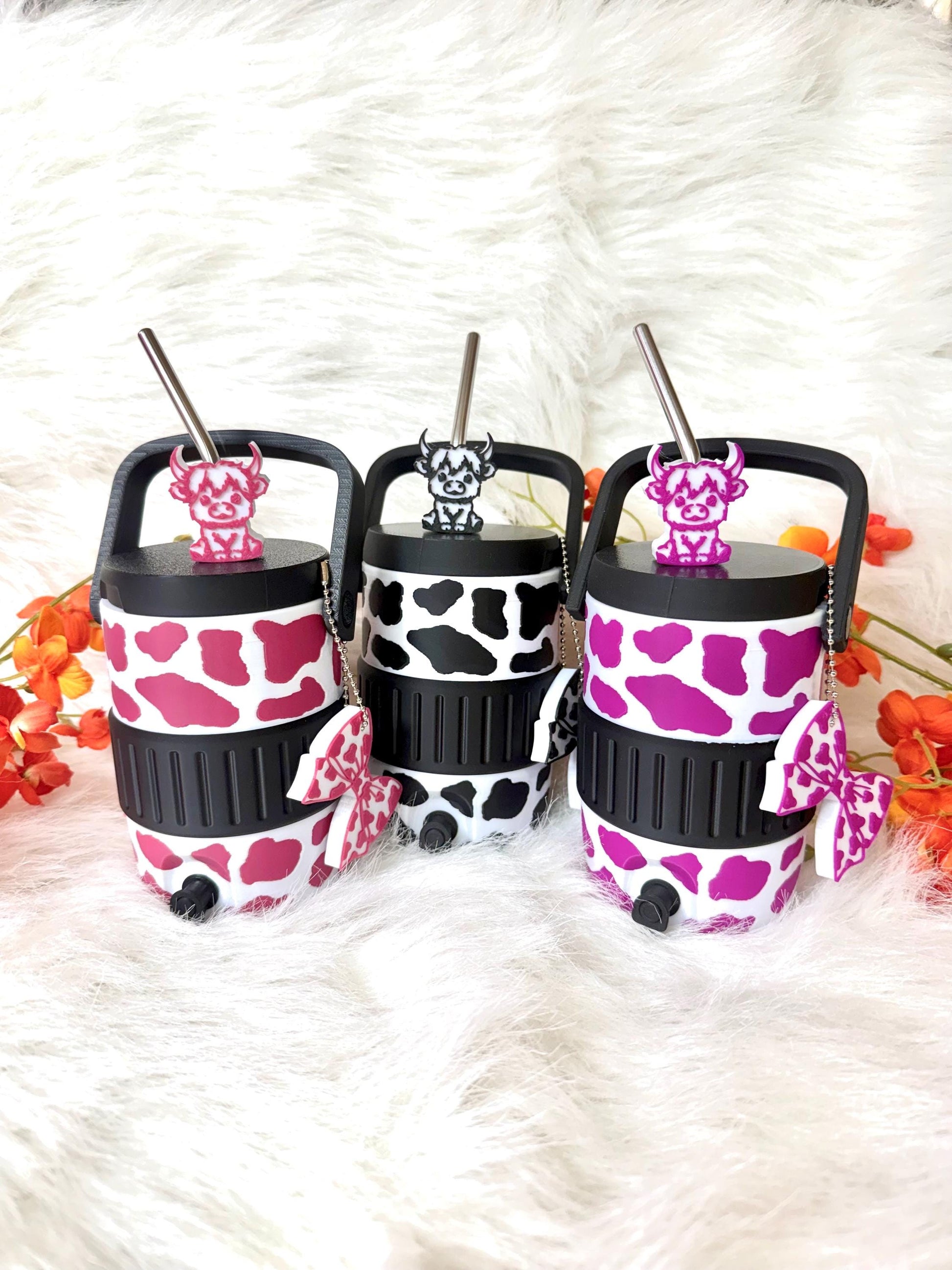 3D printed 12oz cow spot can holder with straw topper and can opener. Ready to ship.