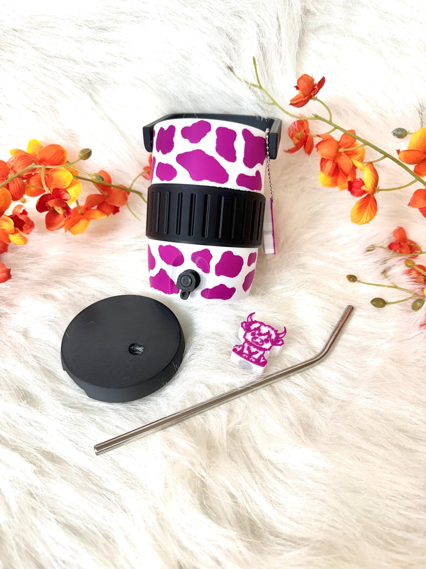 3D printed 12oz cow spot can holder with straw topper and can opener. Ready to ship.