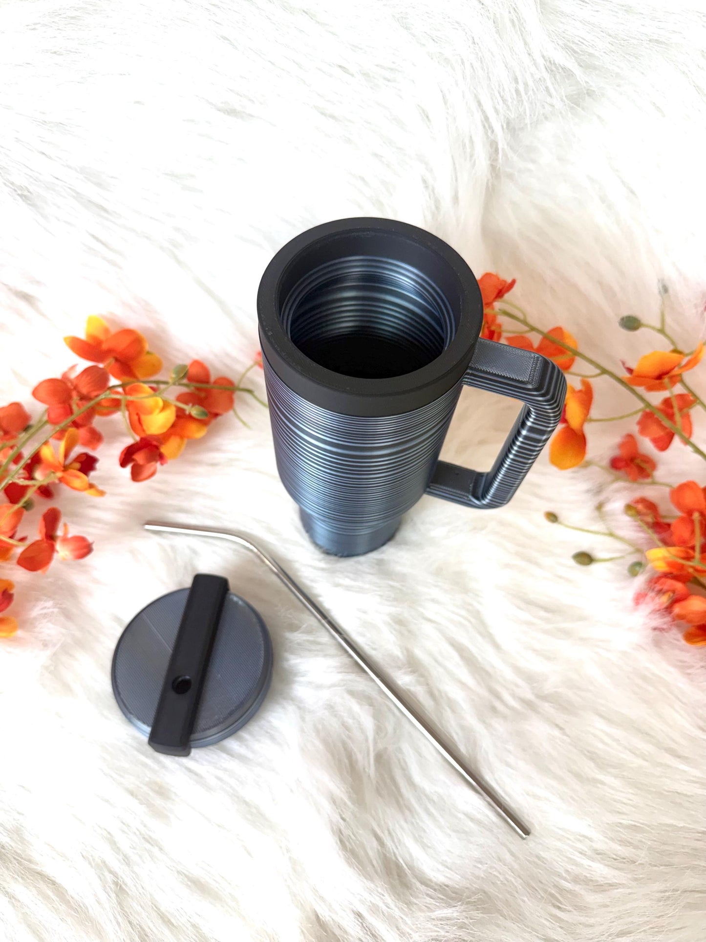 3D printed black grey ombre 12oz skinny can holder with metal straw. Ready to ship.