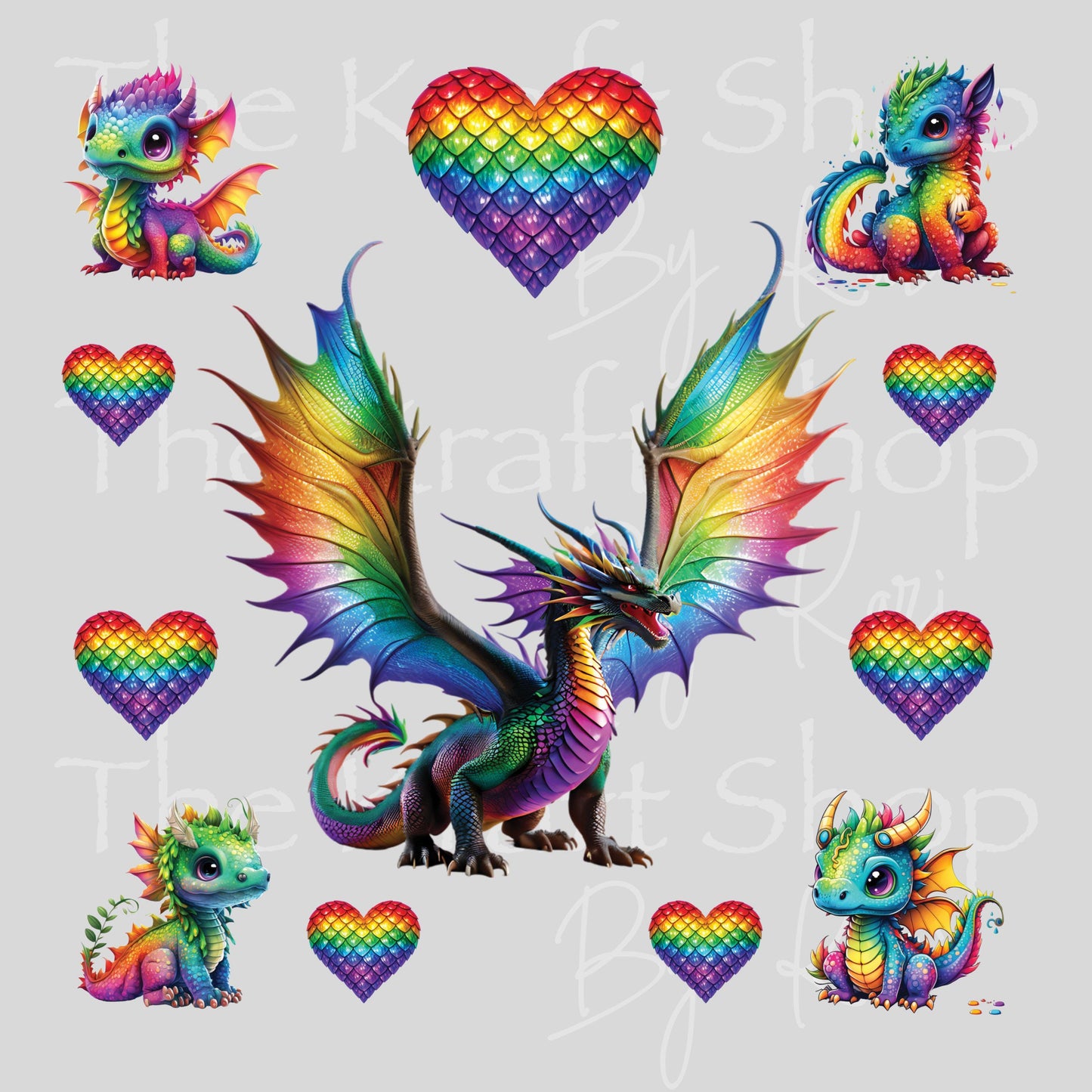 UV DTF Rainbow dragons and hearts Element sheet 8x8 decal #10523