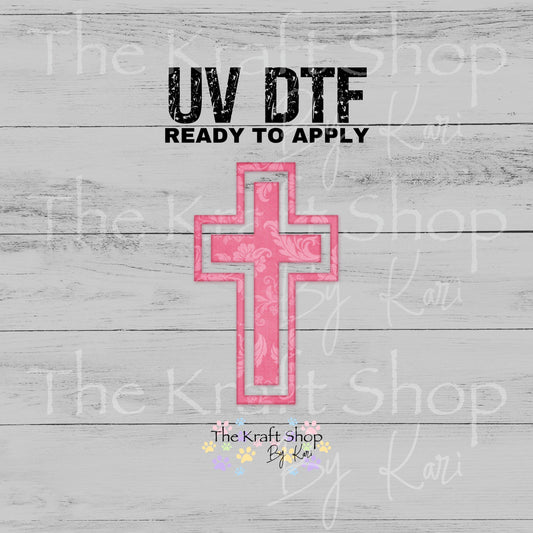 UV DTF Pink cross floral design decal. Permanent sticker #10527