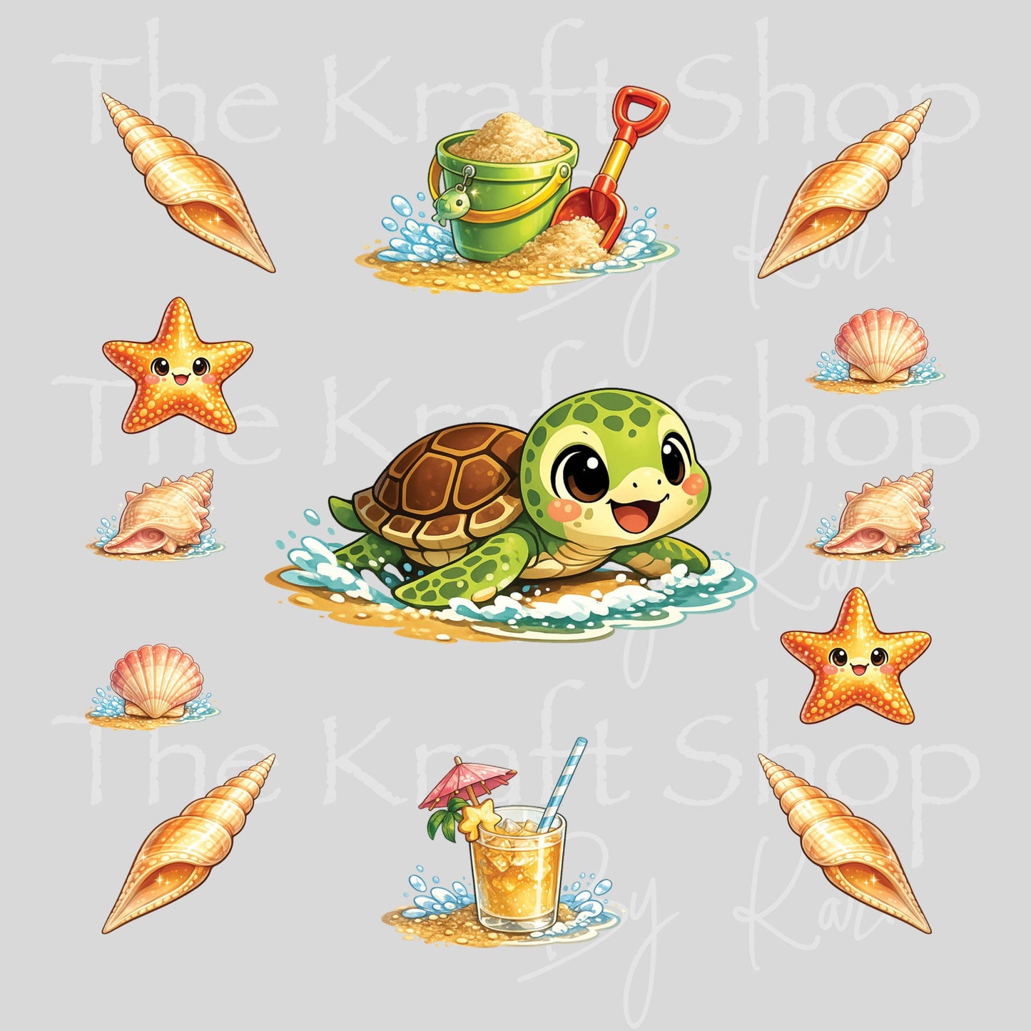UV DTF Crab or Turtle Cute with Seashells Element sheet 6x6 decal, tumbler decal, permanent sticker. #7686