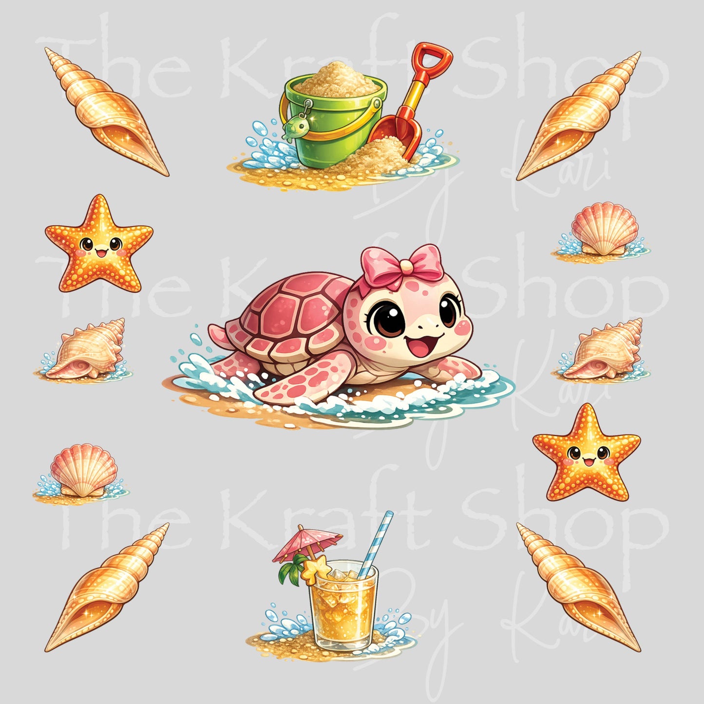 UV DTF Crab or Turtle Cute with Seashells Element sheet 6x6 decal, tumbler decal, permanent sticker. #7686