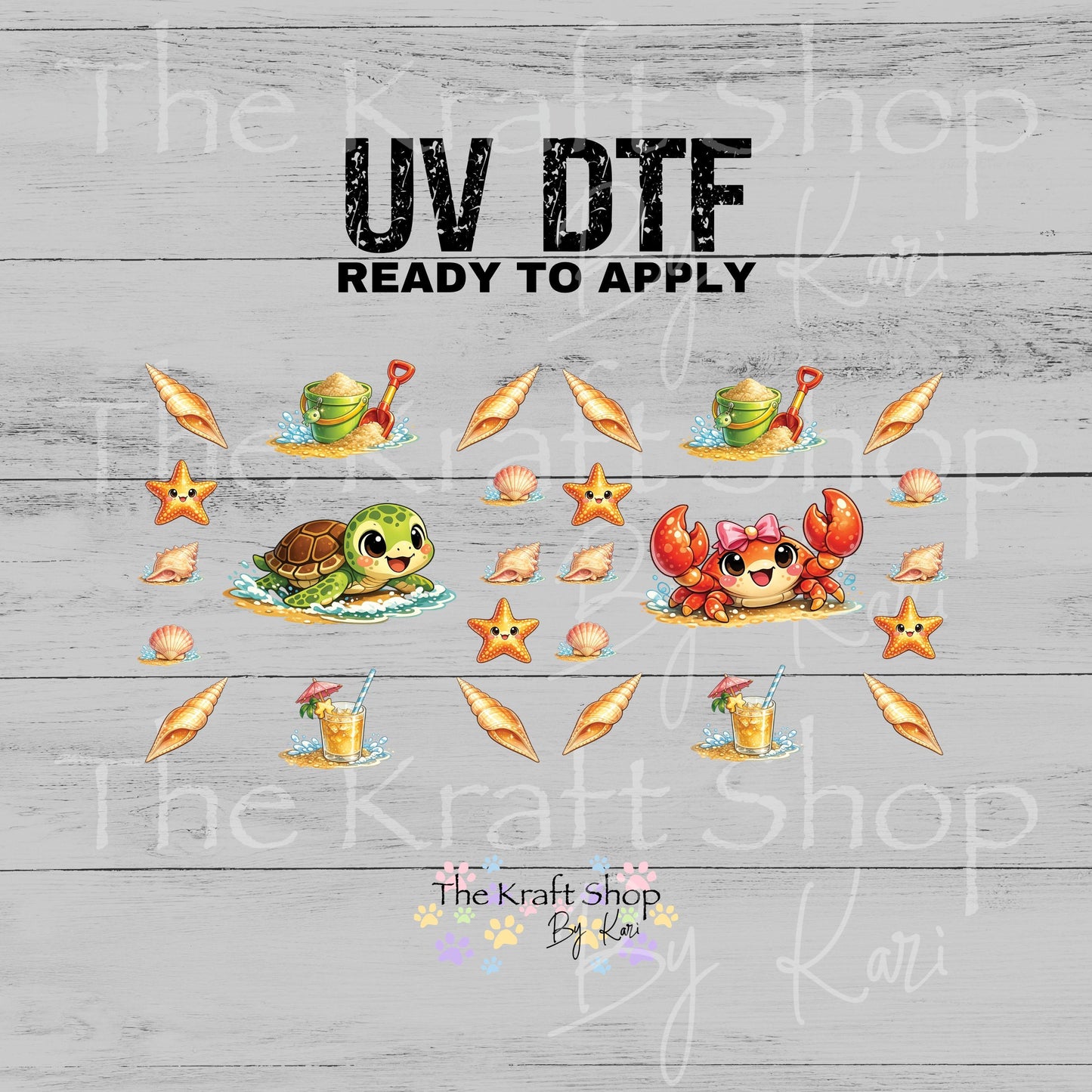UV DTF Crab or Turtle Cute with Seashells Element sheet 6x6 decal, tumbler decal, permanent sticker. #7686