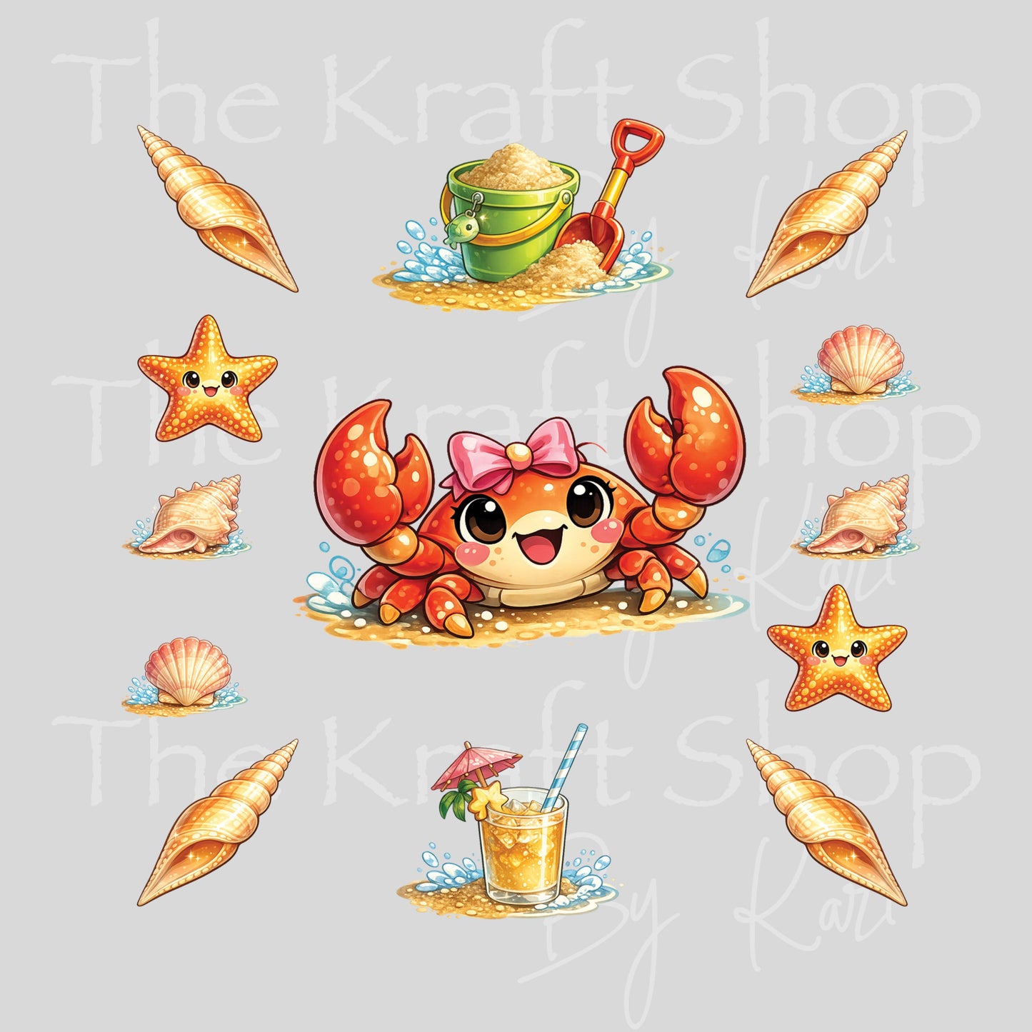 UV DTF Crab or Turtle Cute with Seashells Element sheet 6x6 decal, tumbler decal, permanent sticker. #7686