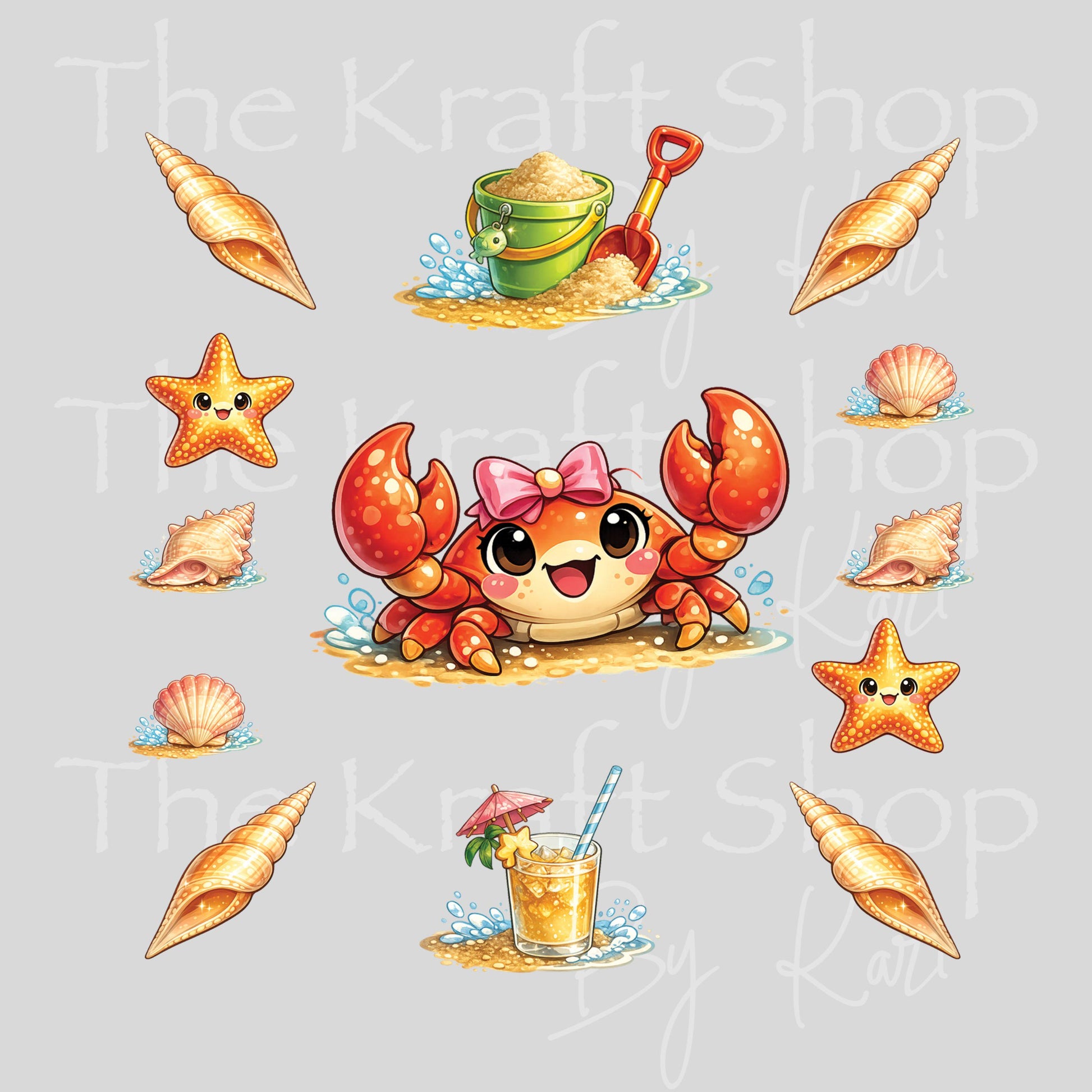 UV DTF Crab or Turtle Cute with Seashells Element sheet 6x6 decal, tumbler decal, permanent sticker. #7686