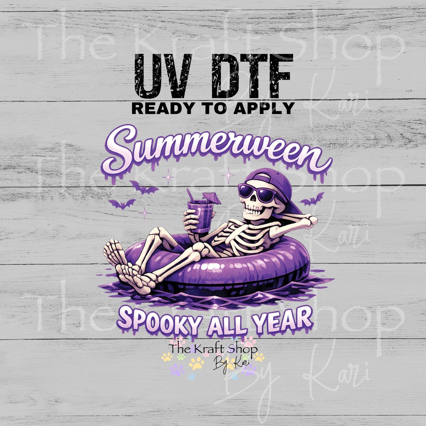 UV DTF Purple Summerween skeleton floating in a tube spooky decal #7712