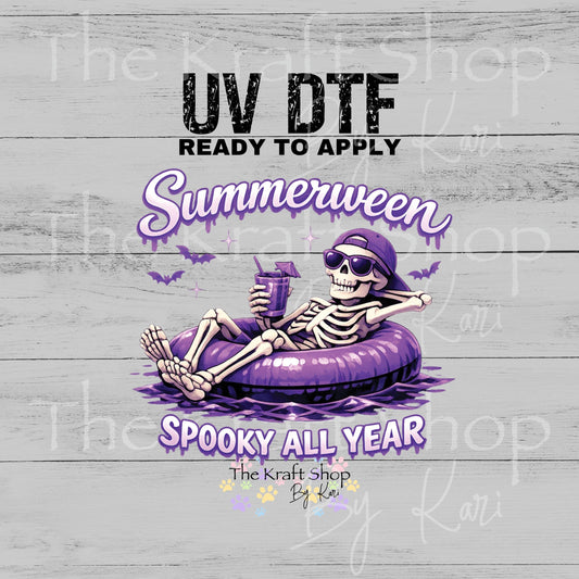 UV DTF Purple Summerween skeleton floating in a tube spooky decal #7712
