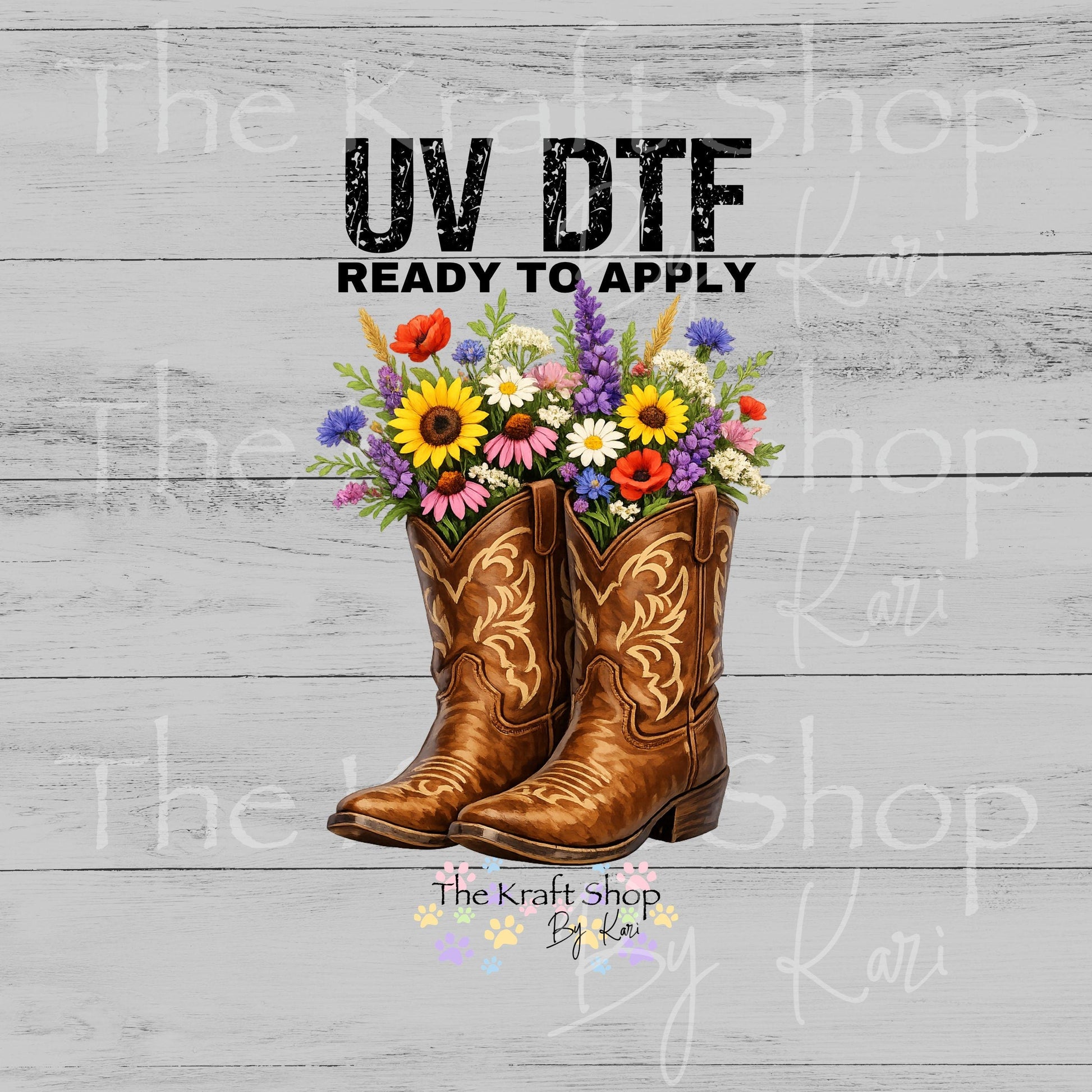 UV DTF Brown cowgirl boots with flowers decal, tumbler decal, permanent sticker. #2040