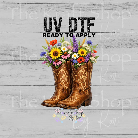 UV DTF Brown cowgirl boots with flowers decal, tumbler decal, permanent sticker. #2040