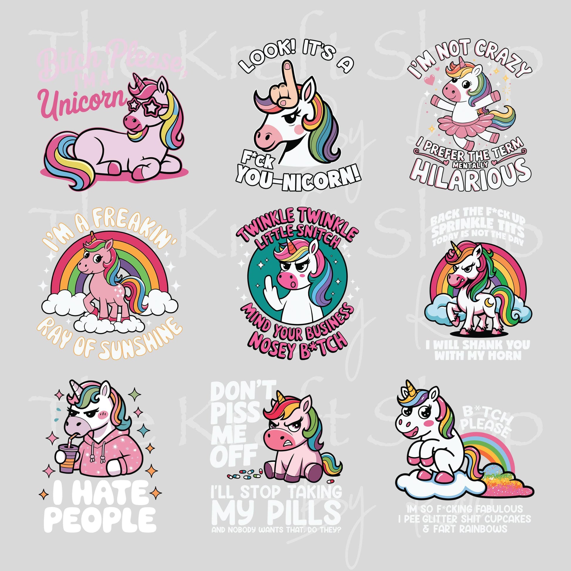 UV DTF Sarcastic unicorn sayings Element mixed media bundle of decals sheet 10x10 #4774