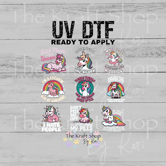 UV DTF Sarcastic unicorn sayings Element mixed media bundle of decals sheet 10x10 #4774