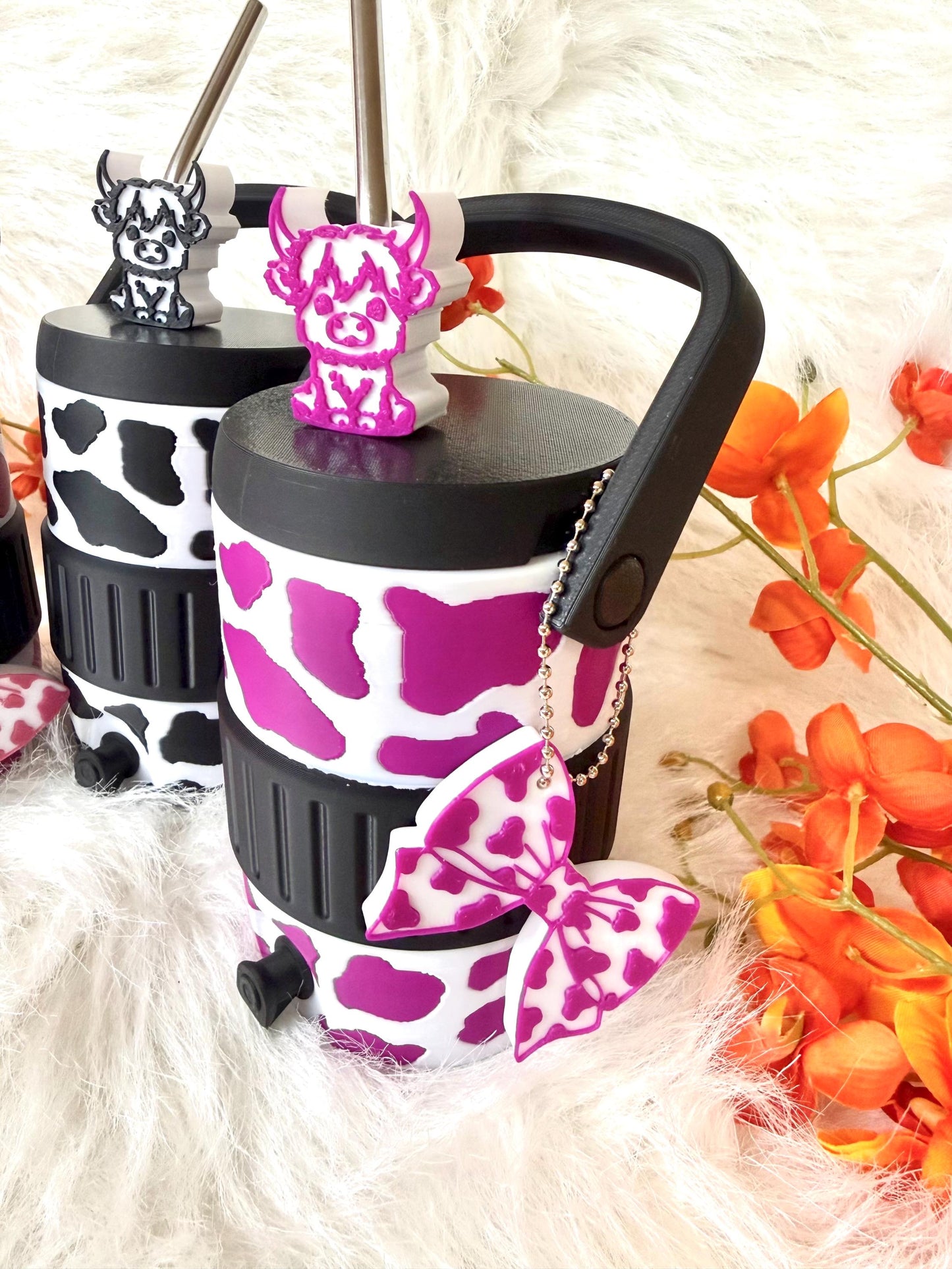 3D printed 12oz cow spot can holder with straw topper and can opener. Ready to ship.