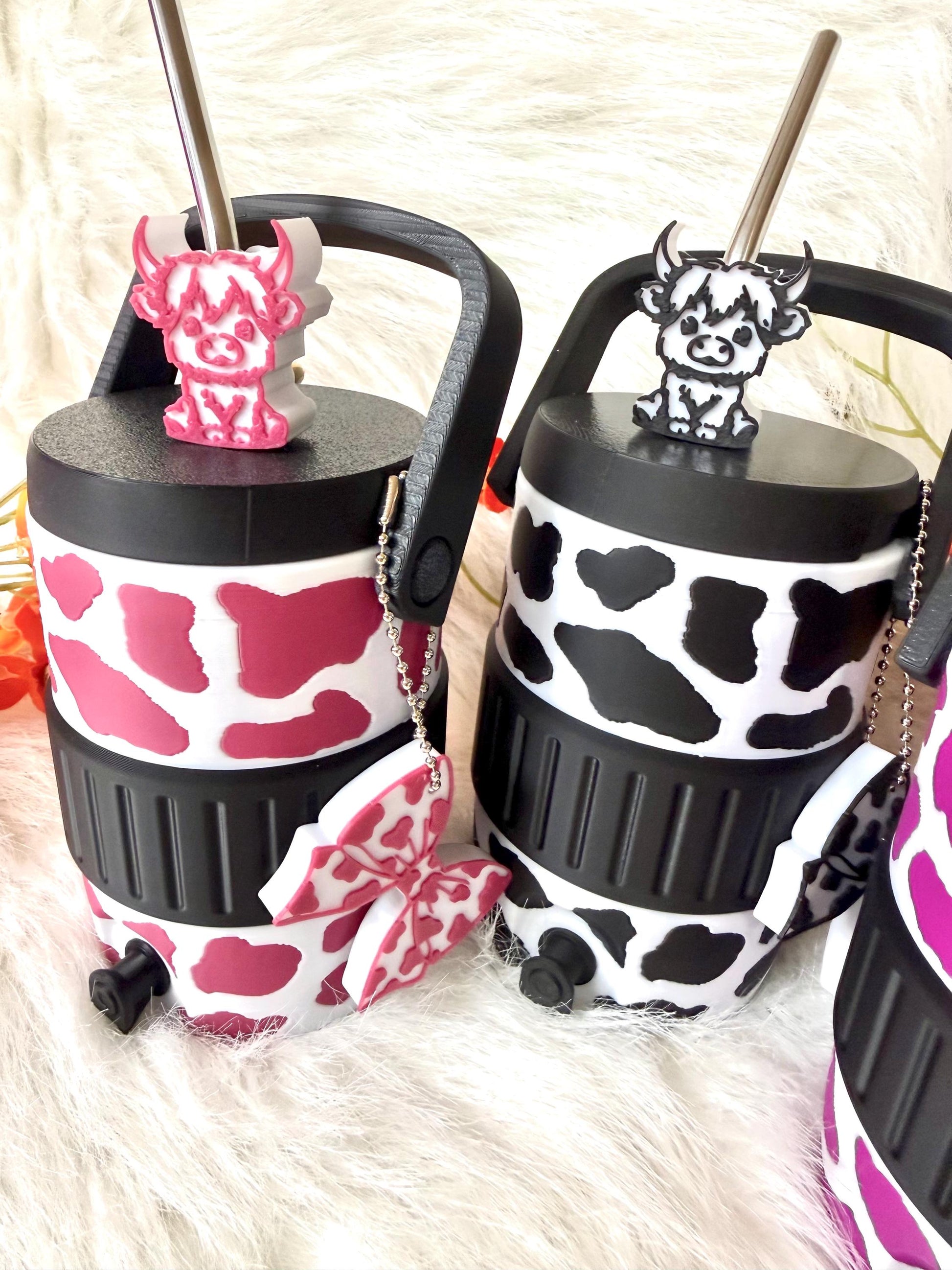 3D printed 12oz cow spot can holder with straw topper and can opener. Ready to ship.