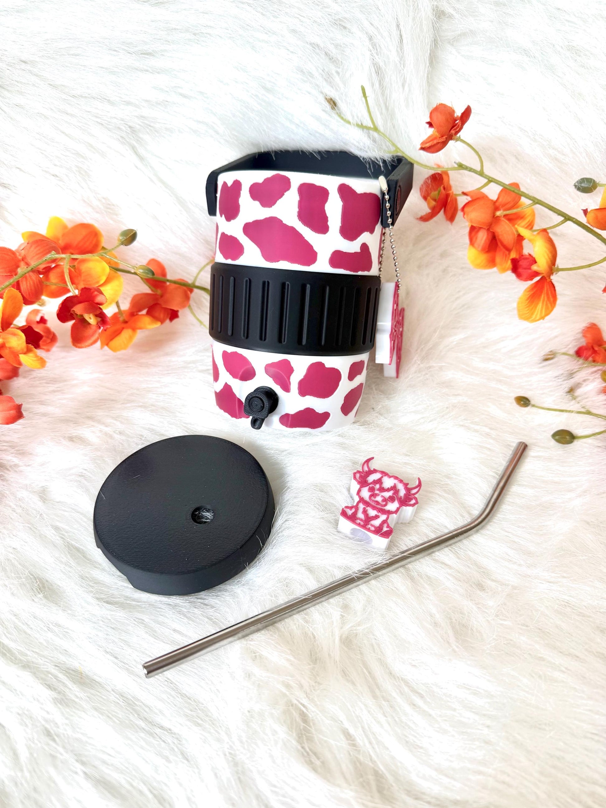 3D printed 12oz cow spot can holder with straw topper and can opener. Ready to ship.