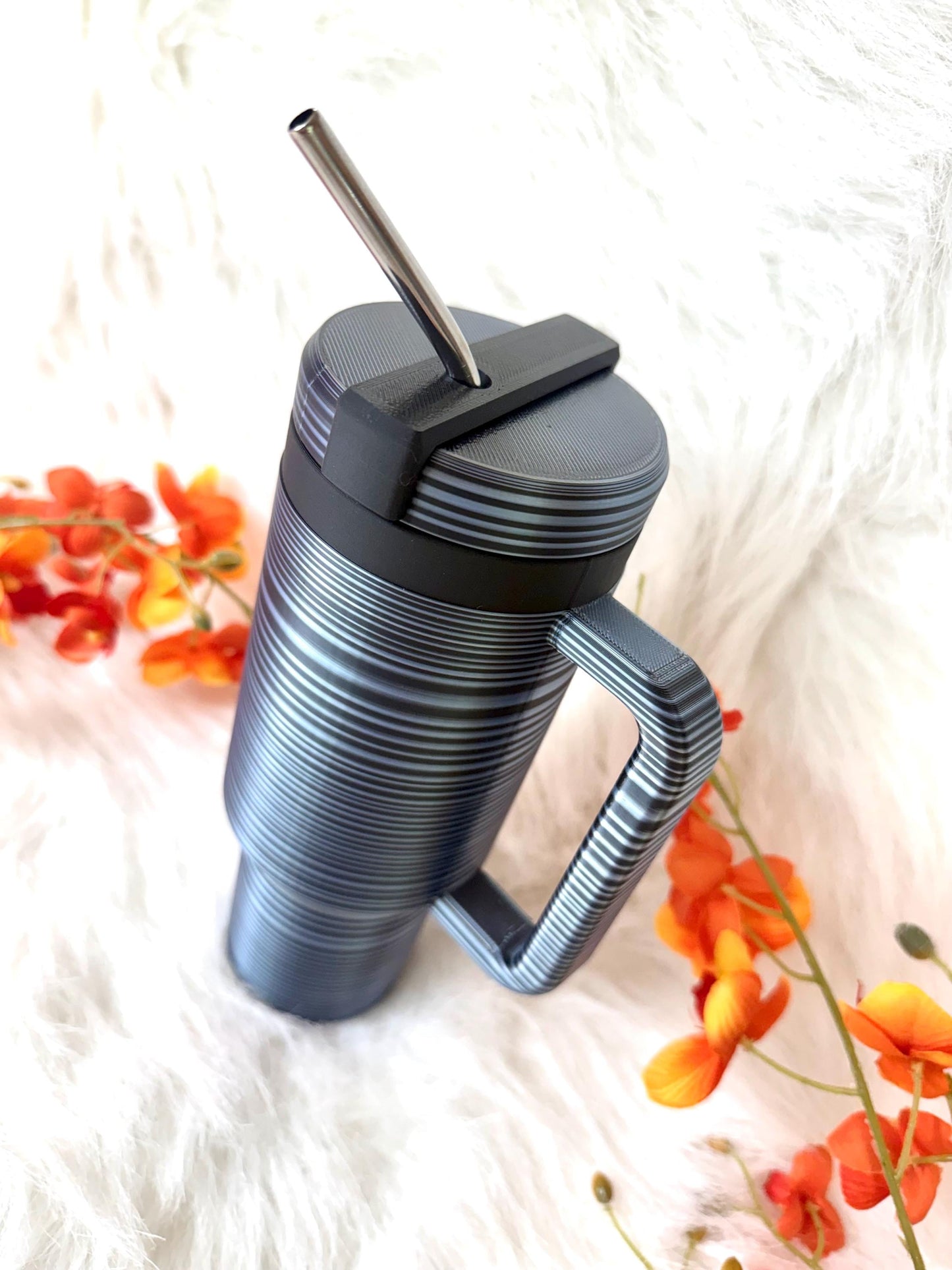 3D printed black grey ombre 12oz skinny can holder with metal straw. Ready to ship.