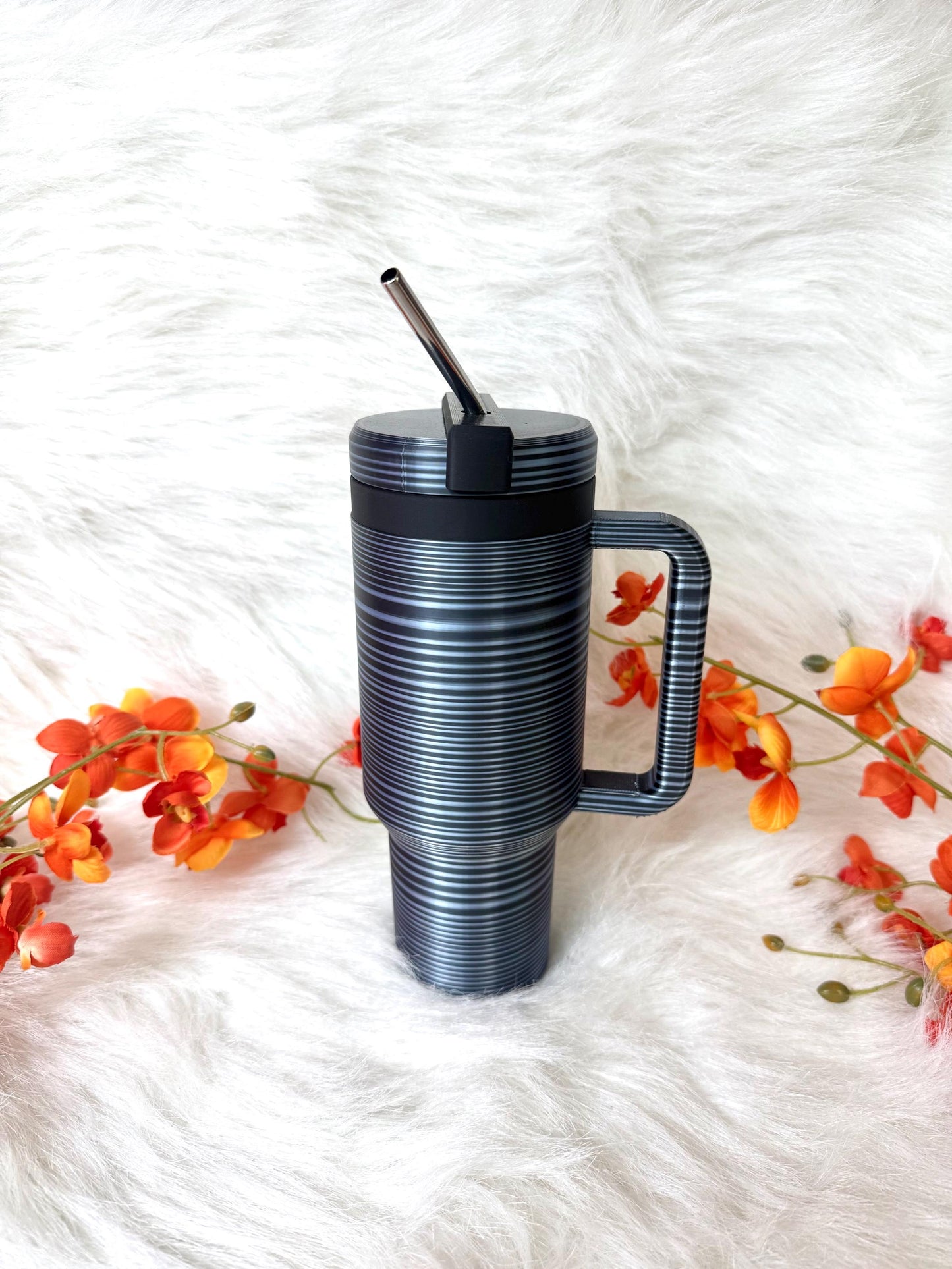 3D printed black grey ombre 12oz skinny can holder with metal straw. Ready to ship.