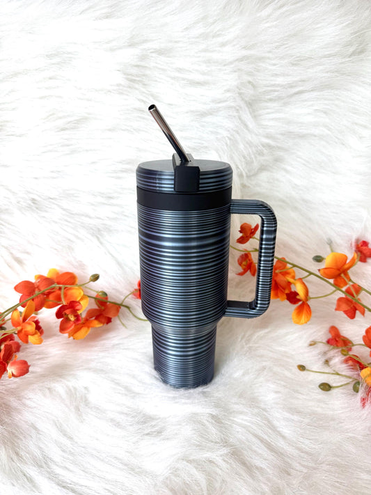 3D printed black grey ombre 12oz skinny can holder with metal straw. Ready to ship.