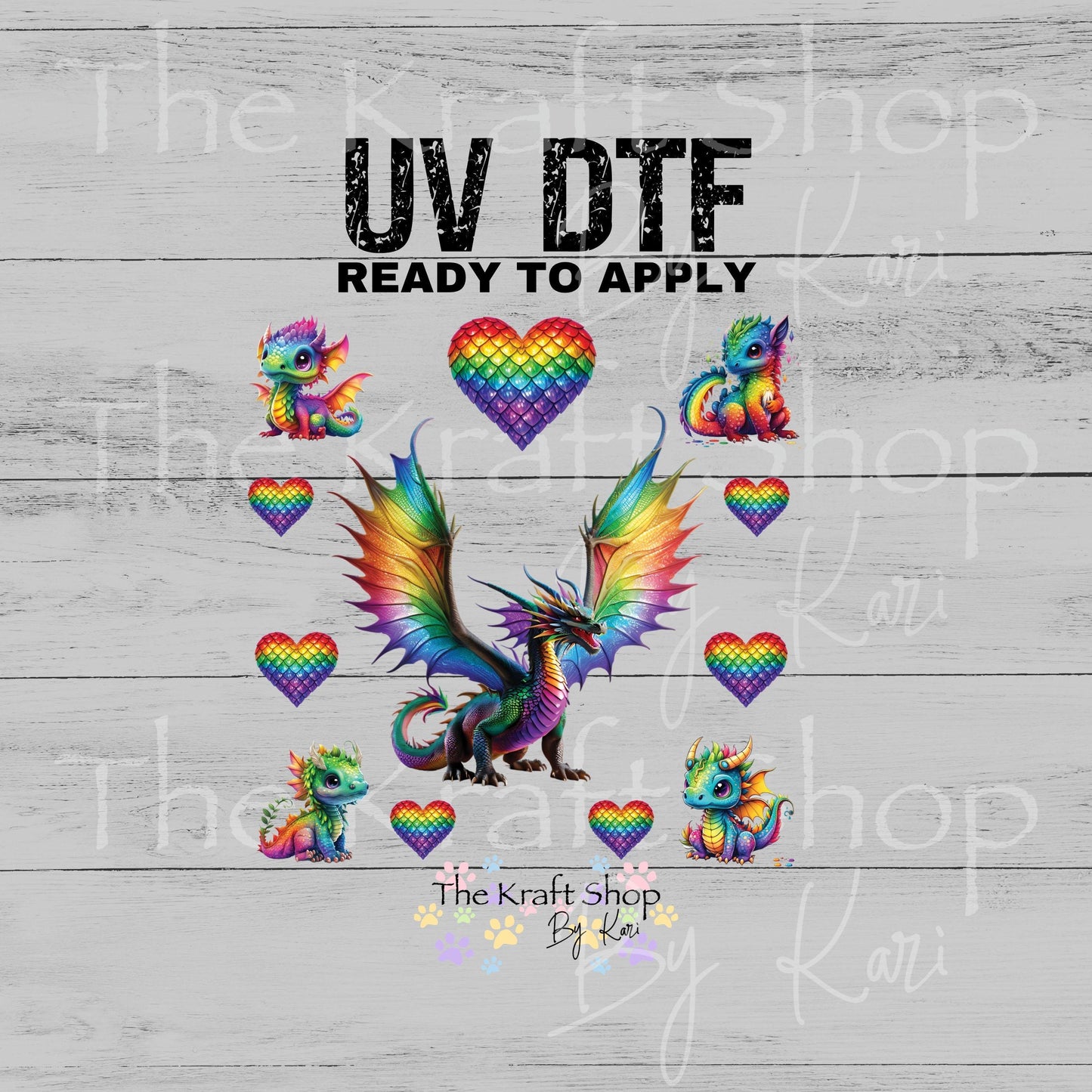 UV DTF Rainbow dragons and hearts Element sheet 8x8 decal #10523