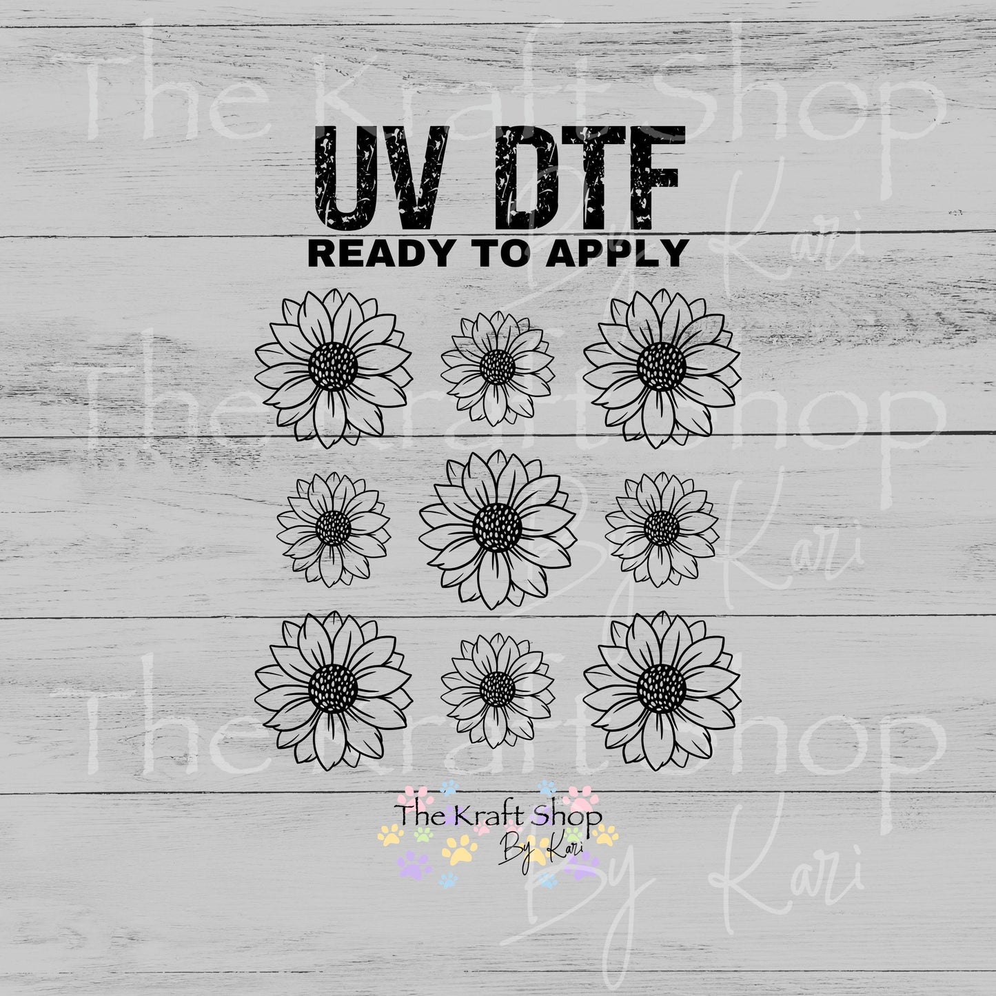 UV DTF Sticker print Black Line Sunflowers Element sheet 8x8 decal, tumbler decal, permanent sticker. #10531