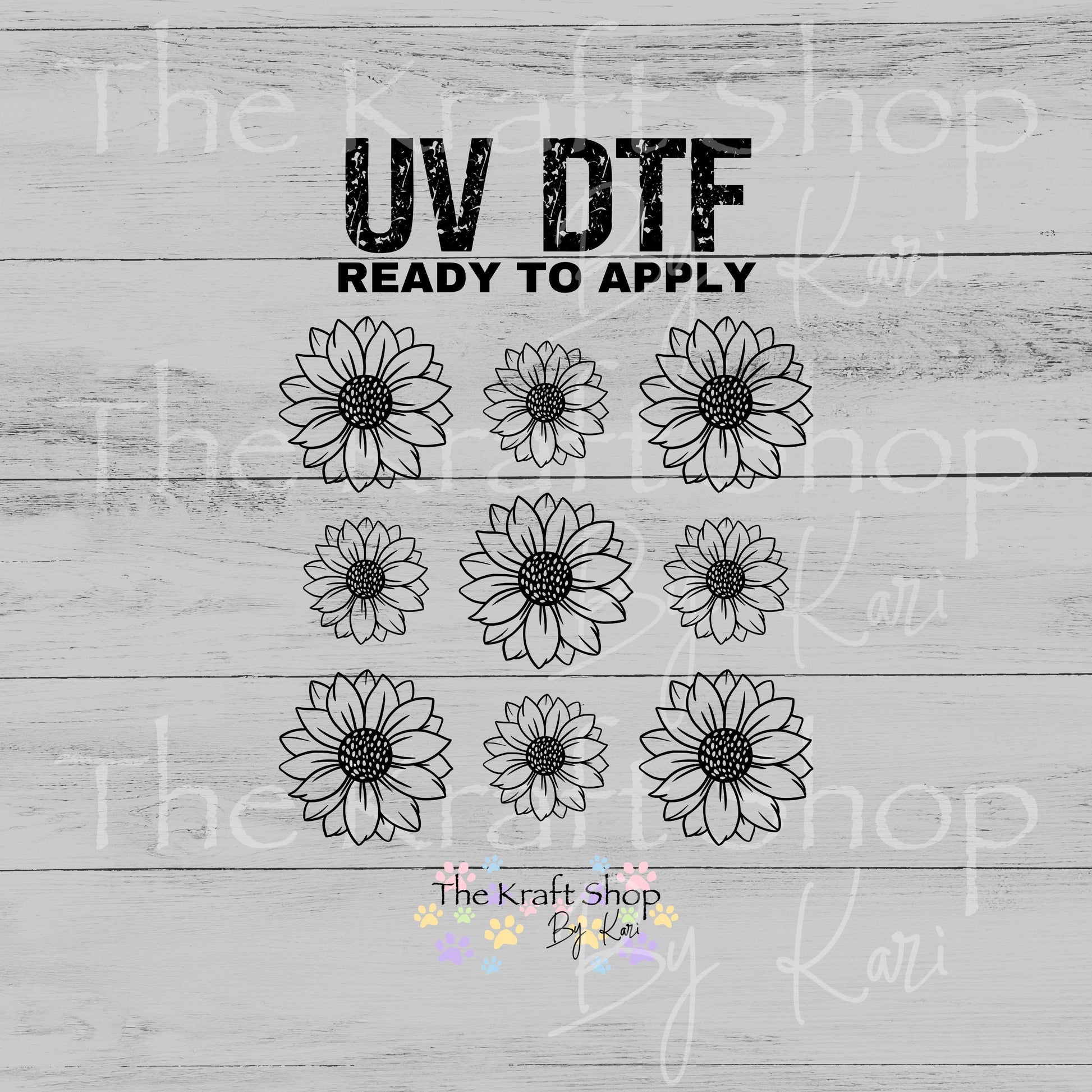 UV DTF Sticker print Black Line Sunflowers Element sheet 8x8 decal, tumbler decal, permanent sticker. #10531