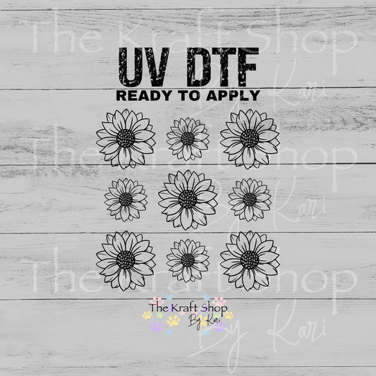 UV DTF Sticker print Black Line Sunflowers Element sheet 8x8 decal, tumbler decal, permanent sticker. #10531