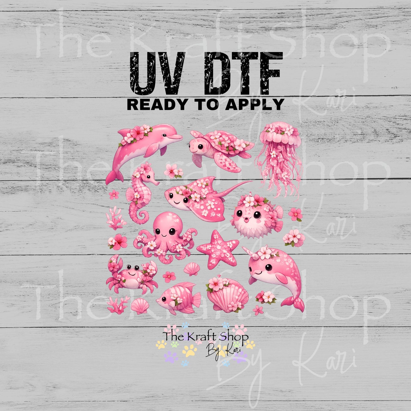 UV DTF Pink Flowers Sea Creatures Element sheet 8x8 decal #1158