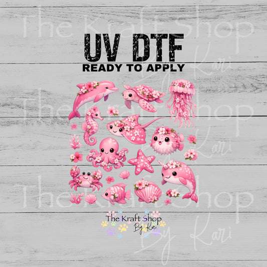UV DTF Pink Flowers Sea Creatures Element sheet 8x8 decal #1158