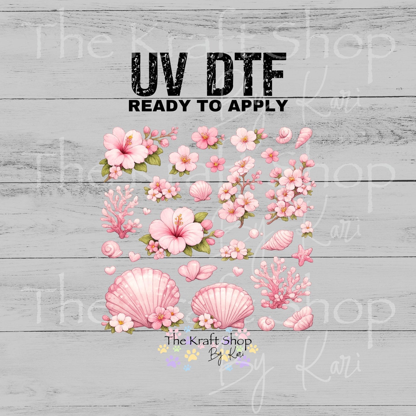 UV DTF Pink Flowers Seashells Element sheet 8x8 decal #10536