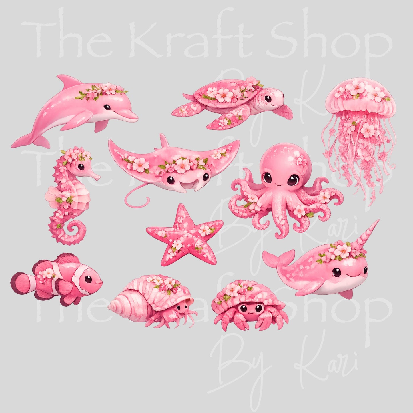 UV DTF Pink Floral Sea Creatures Element sheet 10x6 decal #10537