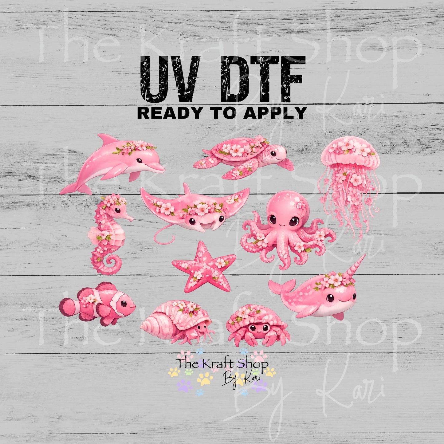 UV DTF Pink Floral Sea Creatures Element sheet 10x6 decal #10537