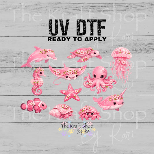 UV DTF Pink Floral Sea Creatures Element sheet 10x6 decal #10537