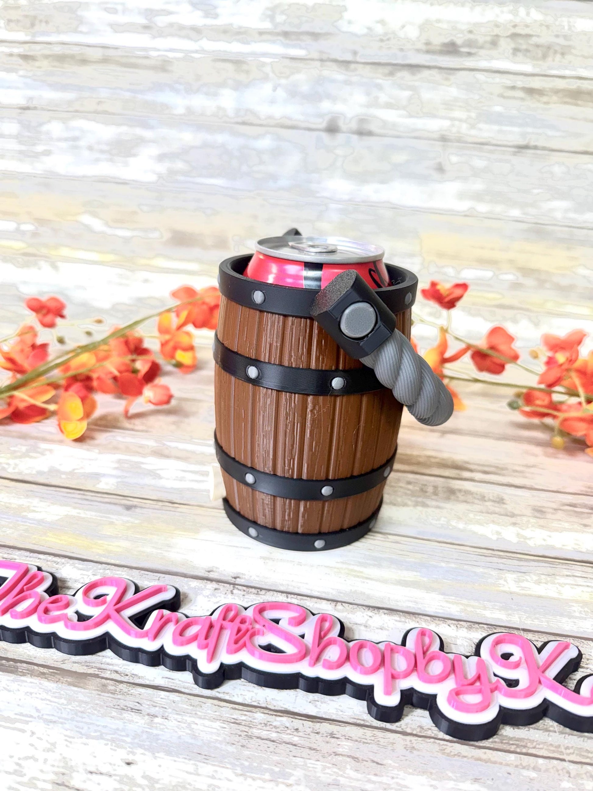 3D printed Rustic barrel with handle 12oz can holder. Ready to ship.