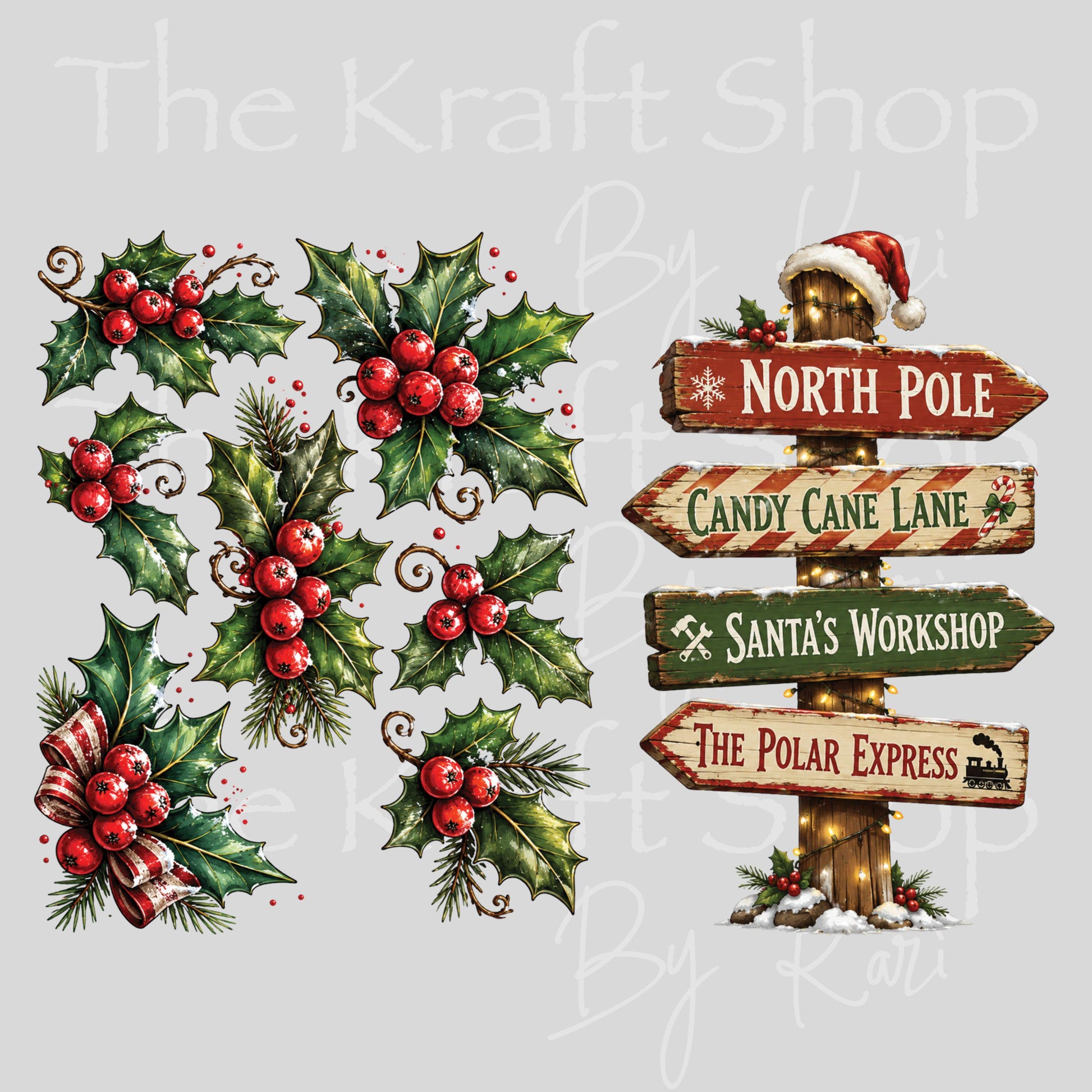 UV DTF North pole sign and holly set Christmas decal #7733