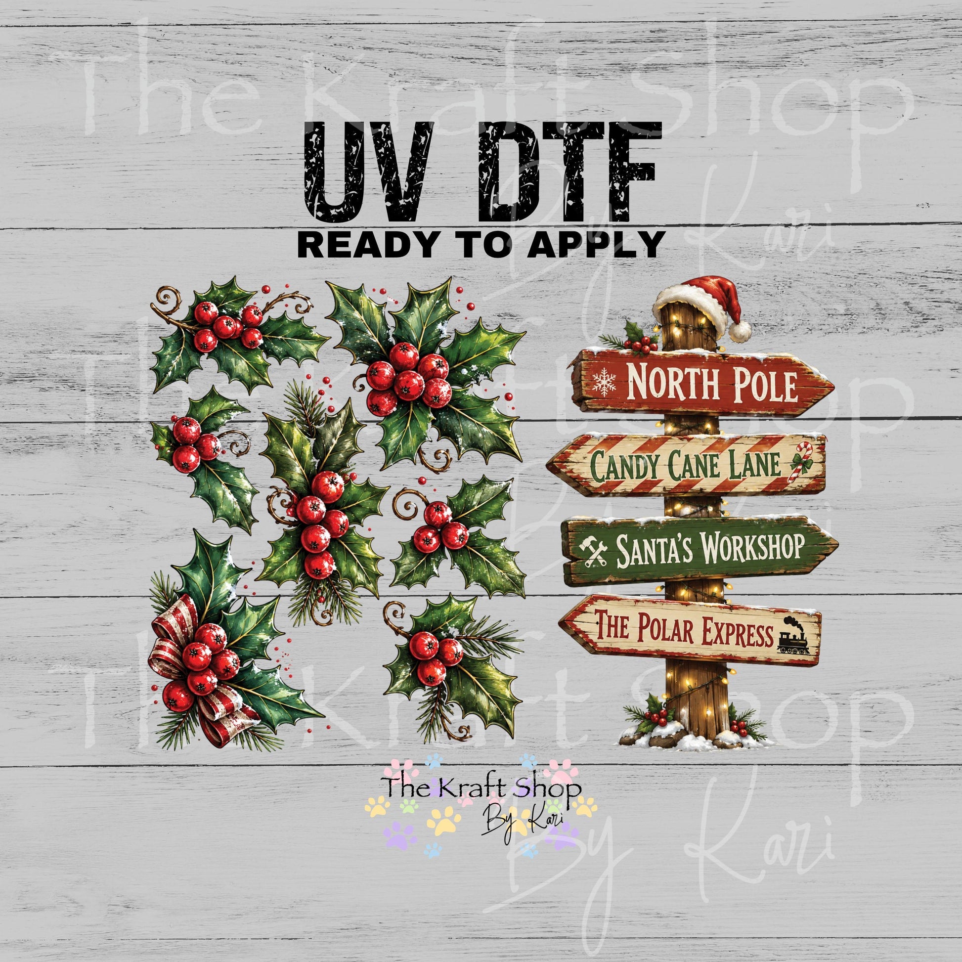 UV DTF North pole sign and holly set Christmas decal #7733