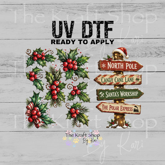 UV DTF North pole sign and holly set Christmas decal #7733