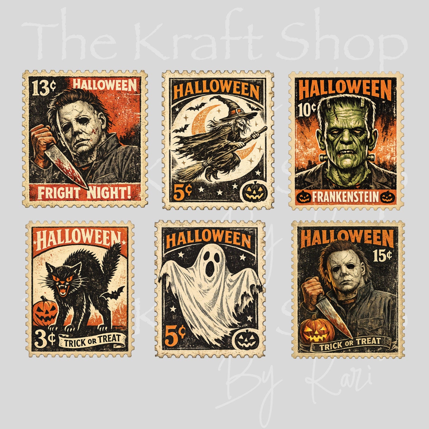 UV DTF Sticker print Horror stamps vintage Halloween Spooky mixed media Element sheet 6pk decal #7749