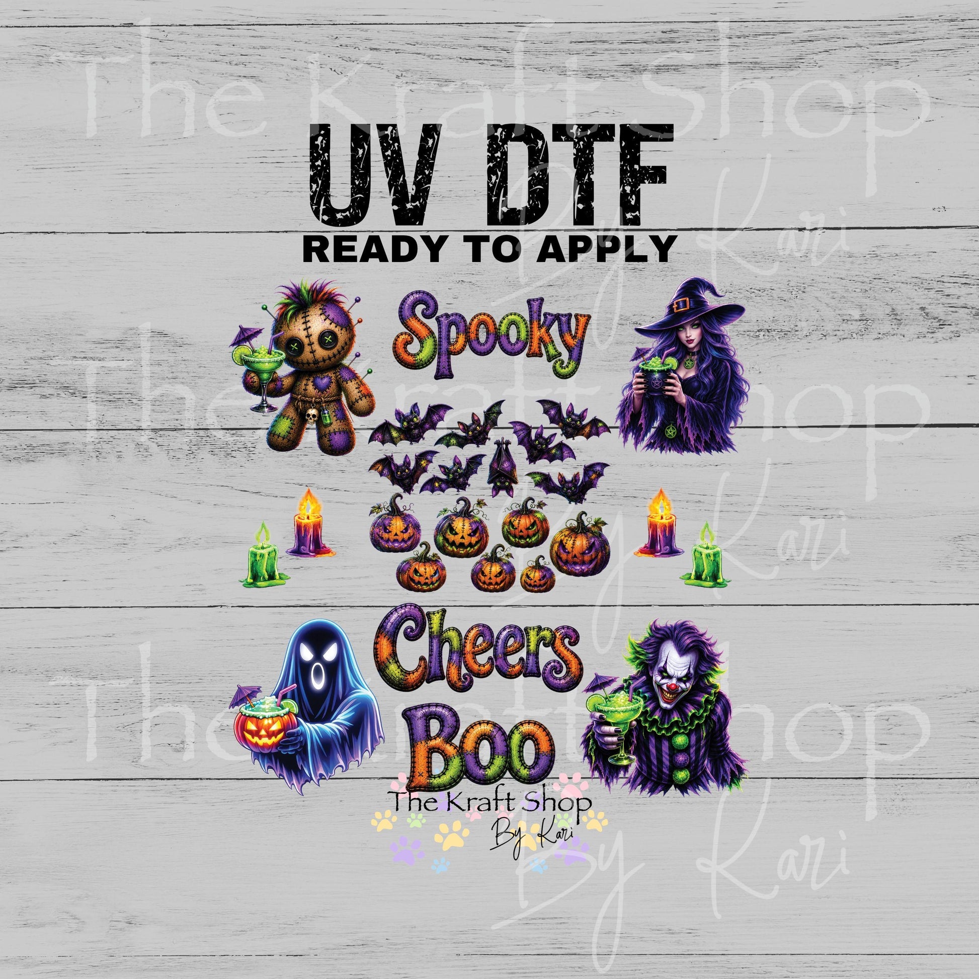 UV DTF Spooky Cheers Boo Halloween patchwork letters element 10x10 sheet bundle decal, permanent sticker. #7735
