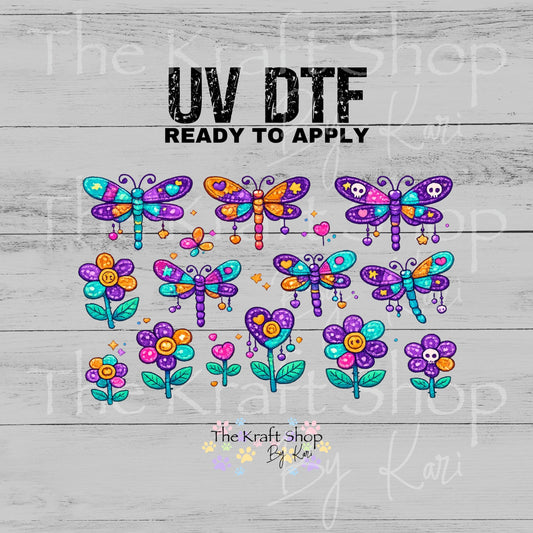 UV DTF Colorful Dragonfly or Butterfly patchwork style sheet 6x4 decal #10534