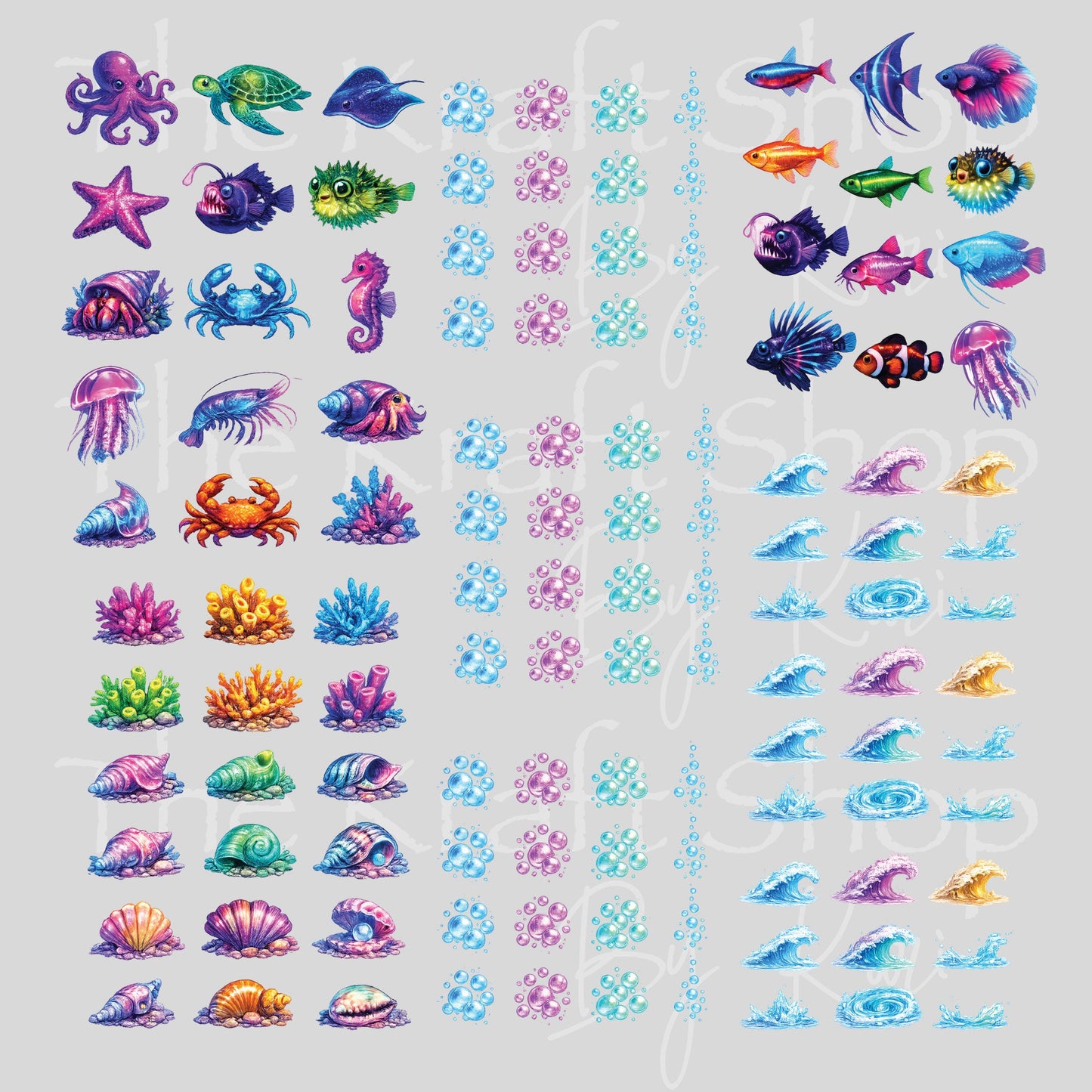 UV DTF Mini Neon Fish Coral Bubbles Waves element 12x12 sheet bundle decal, permanent sticker. #10535