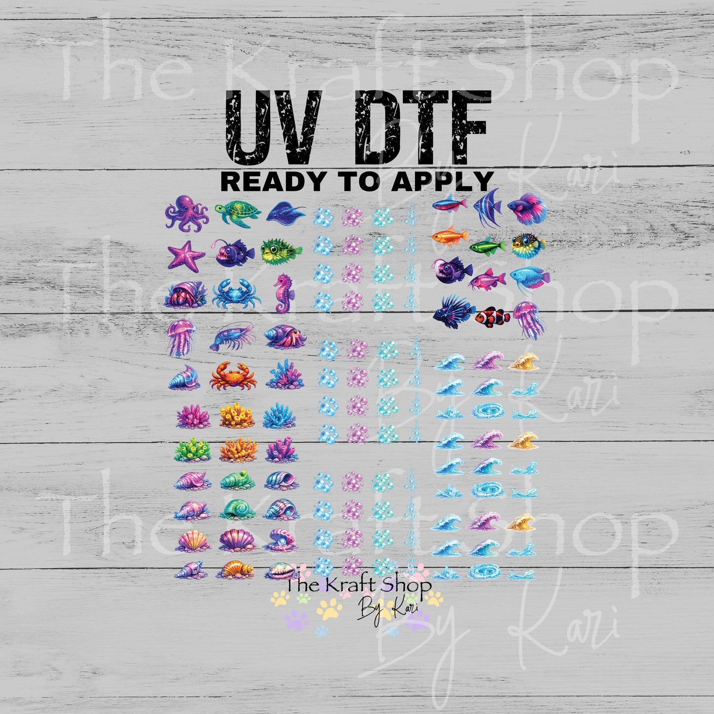 UV DTF Mini Neon Fish Coral Bubbles Waves element 12x12 sheet bundle decal, permanent sticker. #10535