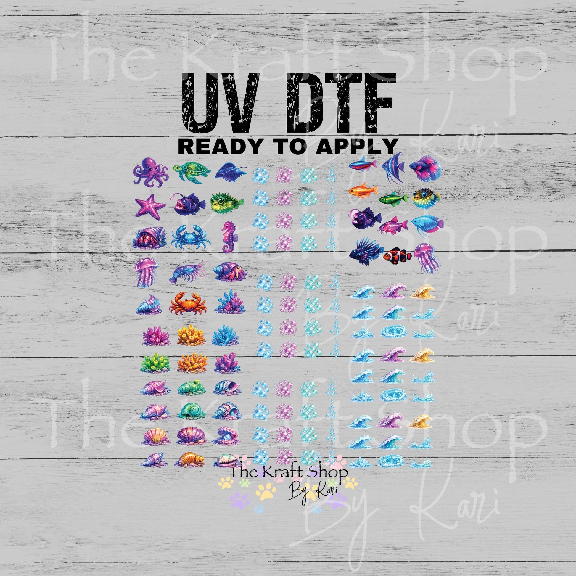 UV DTF Mini Neon Fish Coral Bubbles Waves element 12x12 sheet bundle decal, permanent sticker. #10535