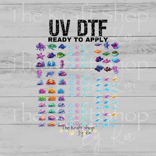 UV DTF Mini Neon Fish Coral Bubbles Waves element 12x12 sheet bundle decal, permanent sticker. #10535