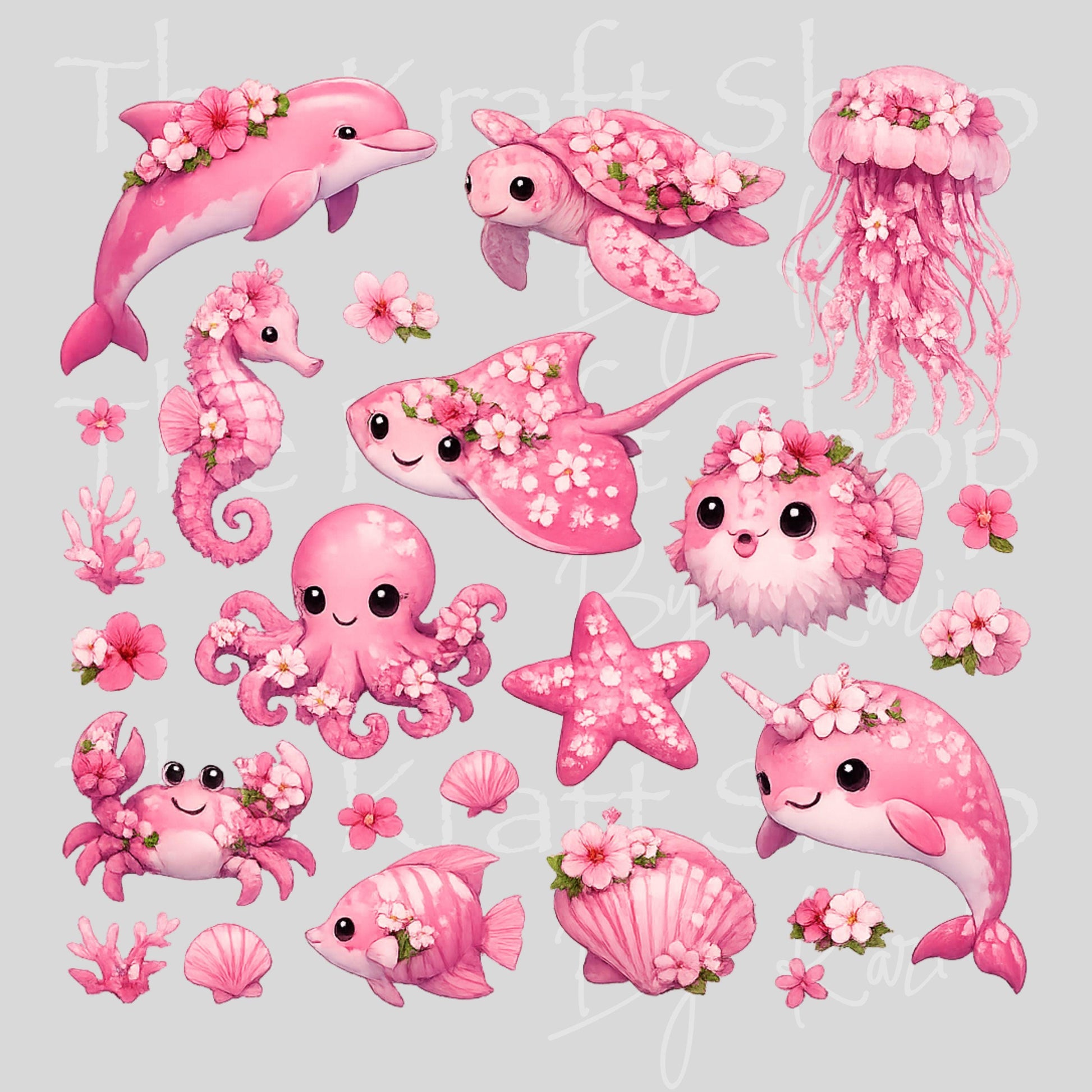 UV DTF Pink Flowers Sea Creatures Element sheet 8x8 decal #1158