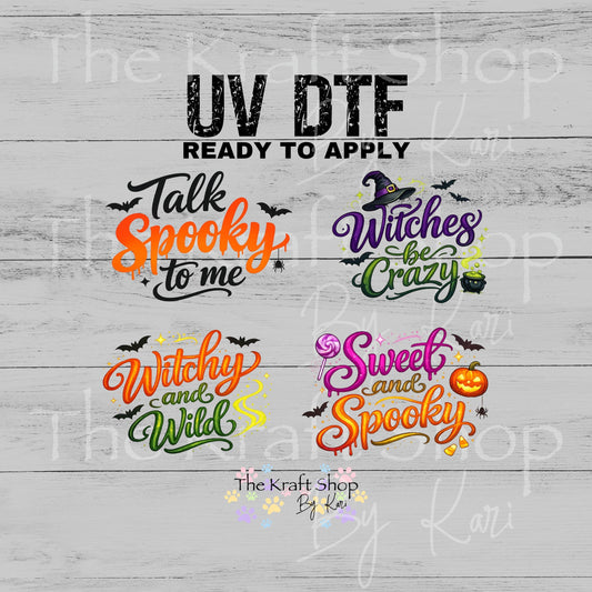 UV DTF Talk Spooky To Me, Witches Be Crazy, Witchy and Wild, Sweet and Spooky Halloween decals 4pk, permanent sticker.#7748