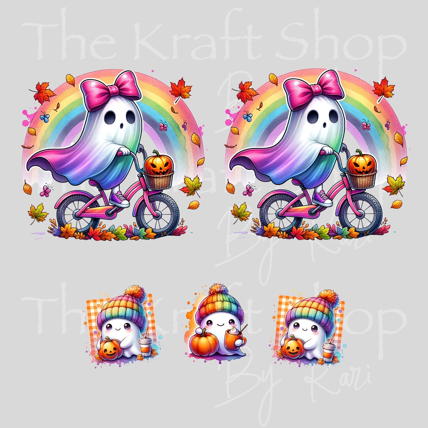 UV DTF 40 oz ready to apply Pink Bow Ghost Riding a Bike and Rainbows wrap decal , quencher tumbler decal #3217
